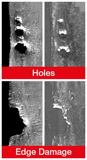 Examples of aluminum surface defects showing holes and edge damage detected during inspection.