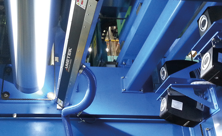 SmartView automated surface inspection system with cameras and lighting installed on an aluminum rolling line.